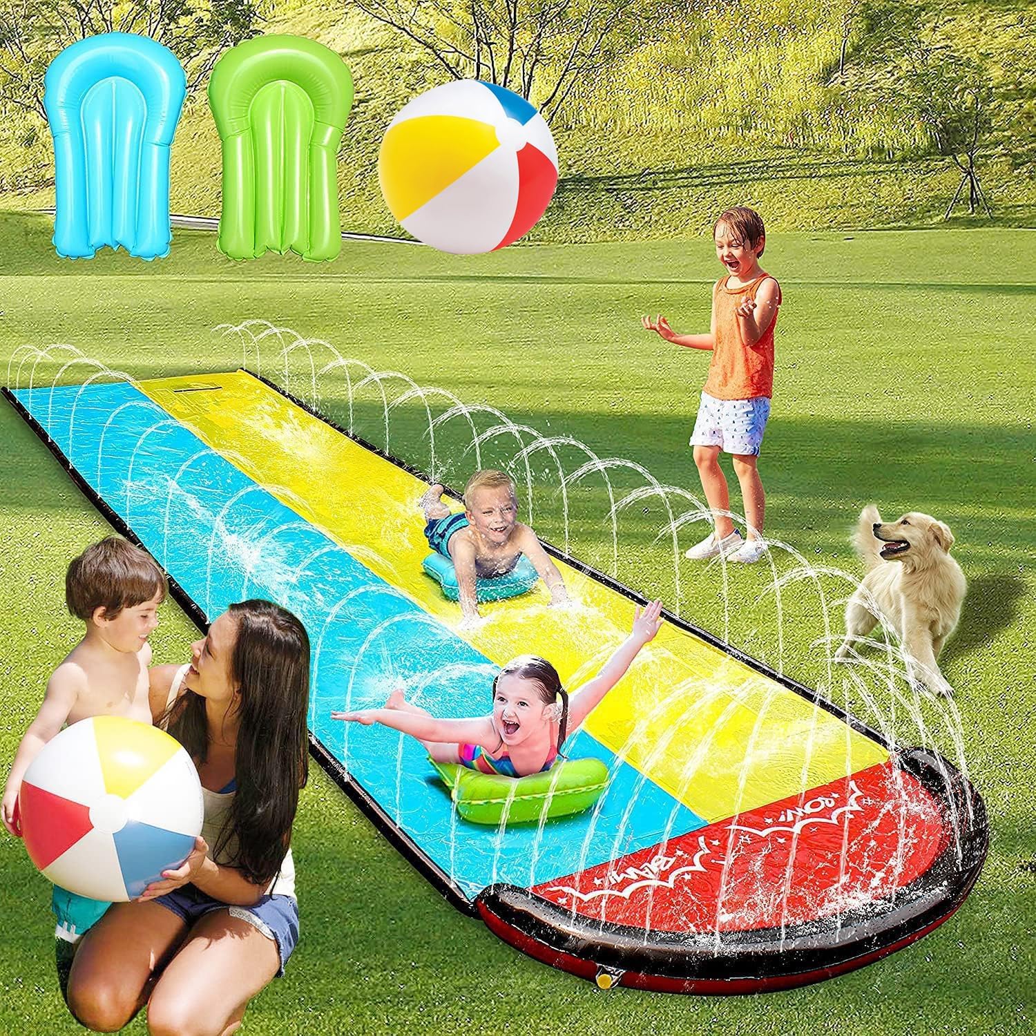 Moonmen Water Slip And Slide,2 Bodyboards+beach ball, Lawn Water Slides Slip Water Splash Pad for kids,Sprinkler Mat for Kids, Large Size Outdoor Splash Play Mat Water splash pool Water Fun For Kids