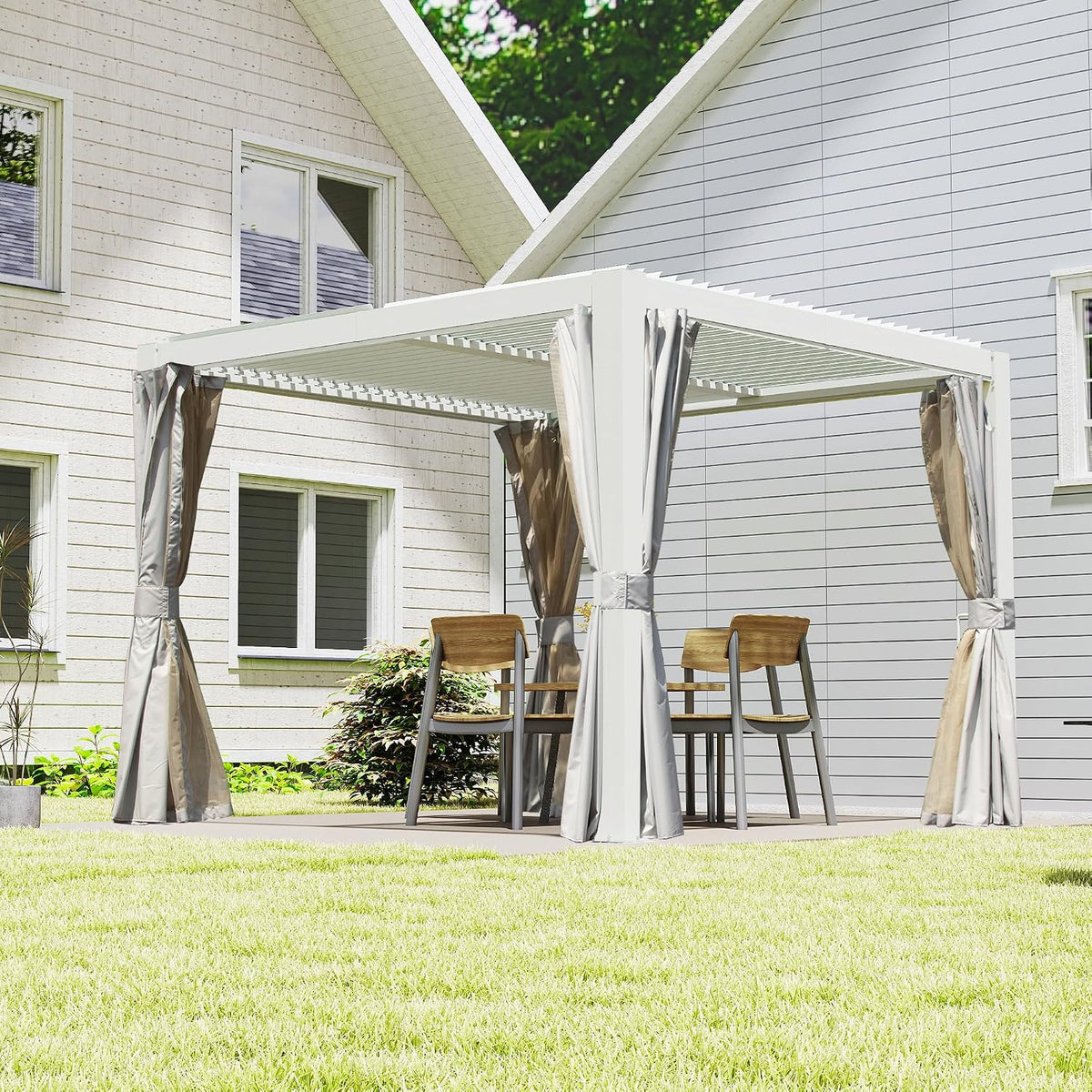 Aluminium louvered pergola with adjustable roof, curtains, and wooden flooring, available in 3x3m, 3x4m, and 3x6m sizes.