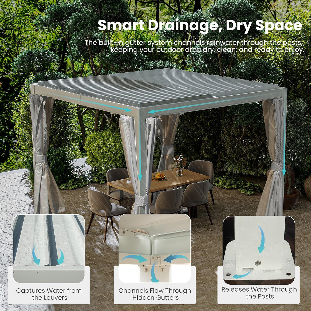 Aluminium louvered pergola with adjustable roof and curtains, available in 3x3m, 3x4m, and 3x6m sizes, outdoor gazebo and pergola.