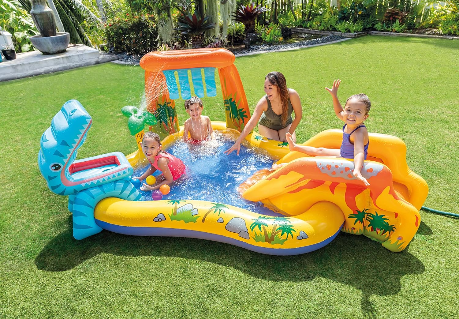 Dinosaur Play Center - Inflatable Water Play Pool with Slide & Sprayer - The Outdoor Furniture Market 