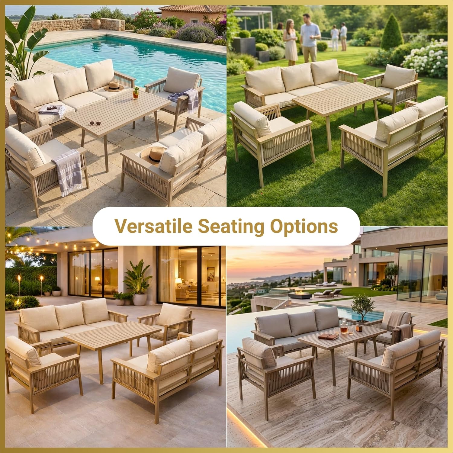 7-Seater Aluminium Outdoor Lounge Sofa Set with Cushions & Table | Brown