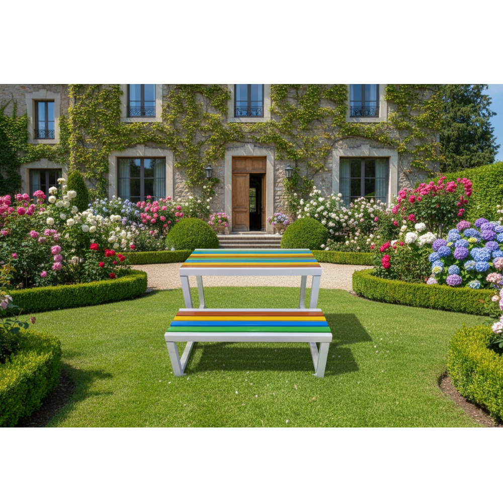 Multi color wood bench by Casa Fiora, featuring a vibrant design and sturdy construction for outdoor seating.