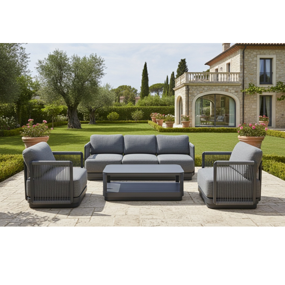 Outdoor 7-seater aluminum lounge set in grey with rope detailing, featuring comfortable cushions by Casa Fiora.