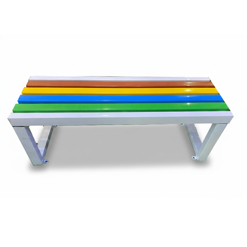 Casa Fiora multi-color wood bench outdoors, showcasing vibrant hues and natural wood grain details in a serene setting.
