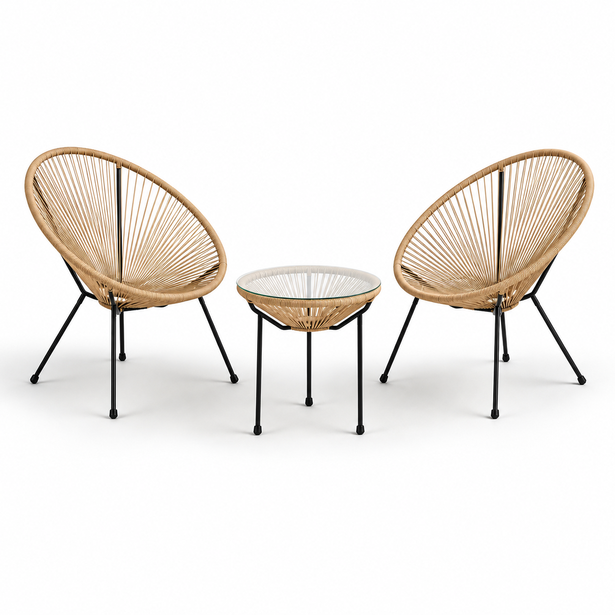 Modern rattan acapulco style outdoor chair and glass coffee table set at The Outdoor Furniture Market