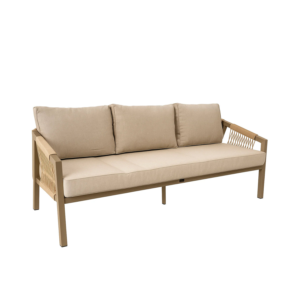 Outdoor rope sofa set with aluminum frame and waterproof cushions, featuring a 5 and 7 seater arrangement from The Outdoor Furniture Market.