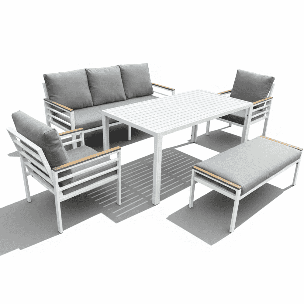 Aluminium 7 seater sofa set with a dining table, showcasing modern outdoor furniture in a stylish arrangement.
