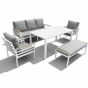 Aluminium 7 seater sofa set with a dining table, showcasing modern outdoor furniture in a stylish arrangement.