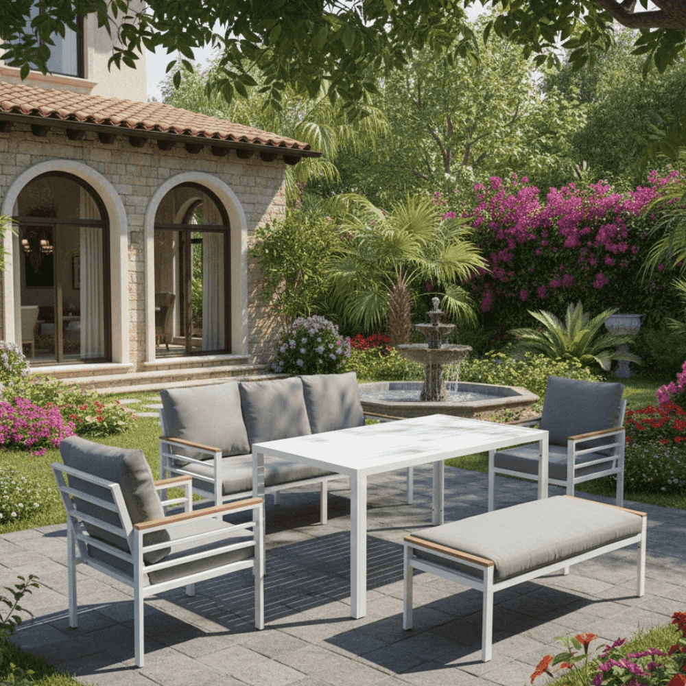 aluminium 7-seater sofa set with dining table, showcasing modern outdoor furniture design and comfortable seating.