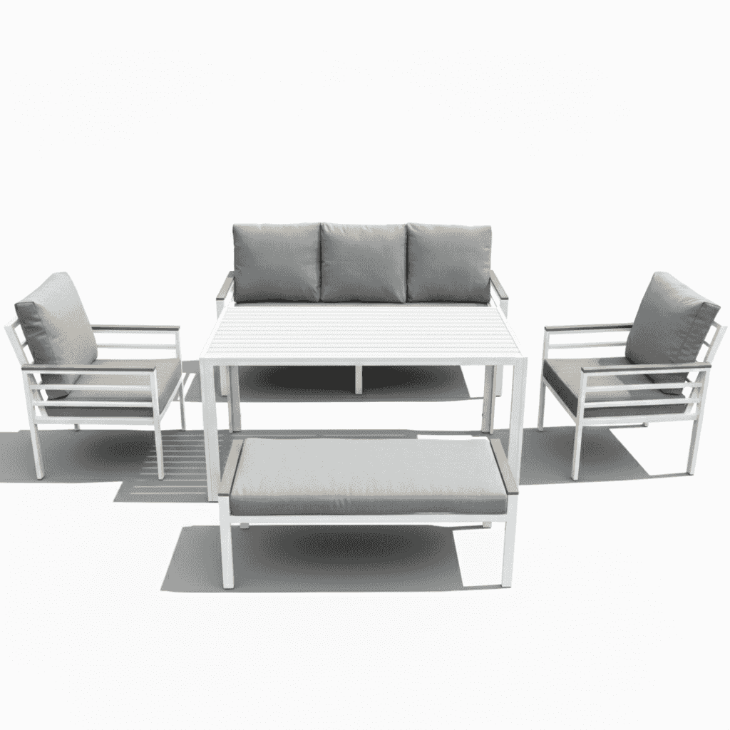 Aluminium 7 seater sofa set with dining table by , featuring a modern design and outdoor-friendly materials.