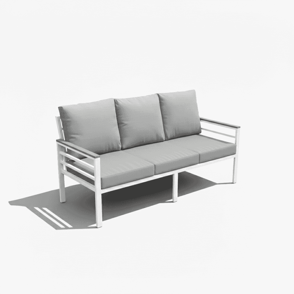 Aluminium 7 seater sofa set with dining table, featuring a modern design for outdoor living spaces.