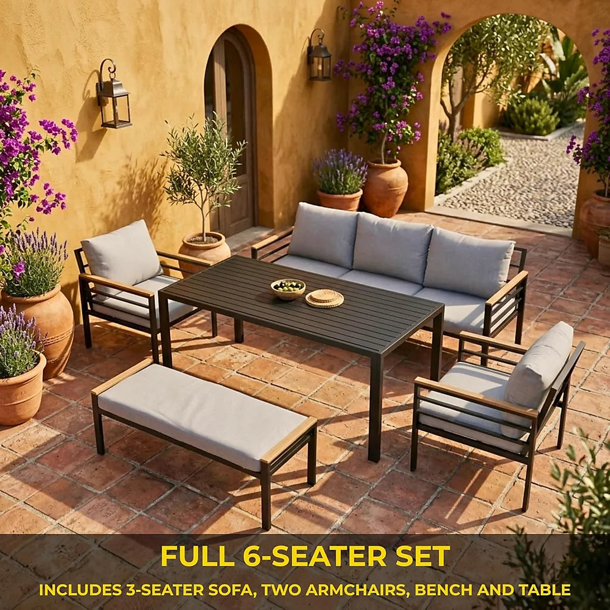 Black 6-seater outdoor aluminum sofa set with waterproof cushions, stylish and durable garden furniture from The Outdoor Furniture Market.