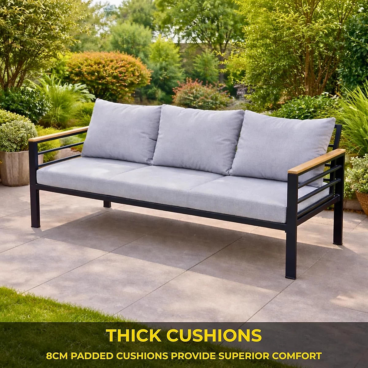 Black durable aluminum outdoor sofa set with waterproof cushions, 6-seater garden furniture from The Outdoor Furniture Market.
