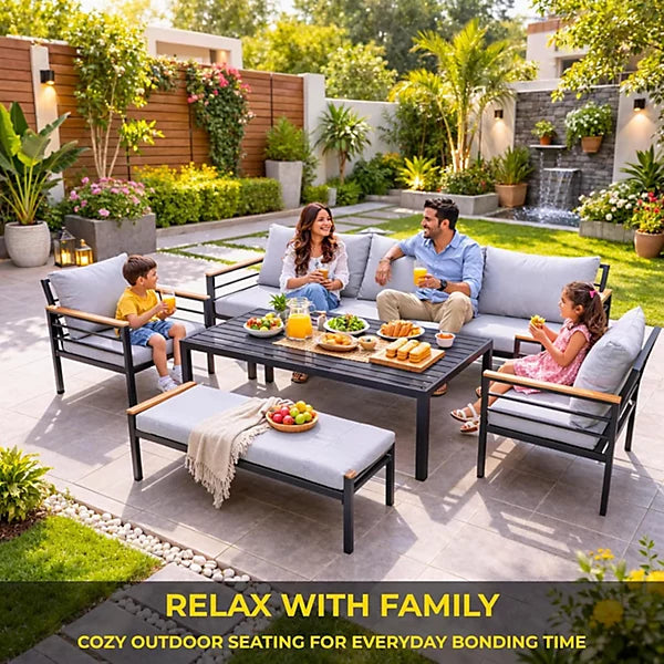 Black durable aluminum outdoor sofa set with waterproof cushions, 6-seater garden furniture for outdoor patio use.
