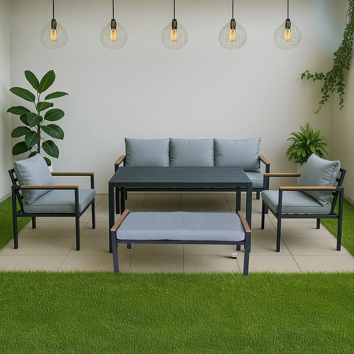 Black outdoor aluminum sofa set with waterproof cushions, six-seater garden furniture for outdoor relaxation.