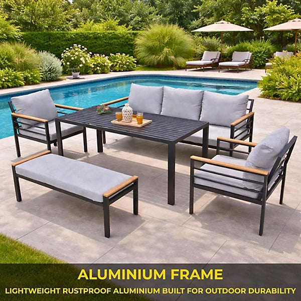 Durable black aluminum outdoor sofa set with waterproof cushions, 6-seater garden furniture from The Outdoor Furniture Market.