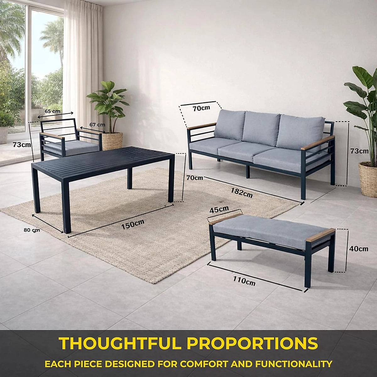 Black aluminum outdoor sofa set with waterproof cushions, six-seater garden furniture for outdoor patio relaxation.
