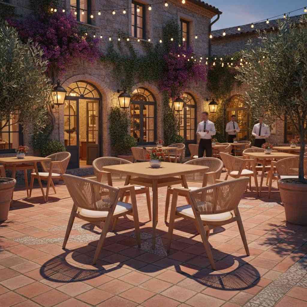 Aluminum alloy 4-seater outdoor dining set with a table and chairs, designed for outdoor patio use, by The Outdoor Furniture Market.