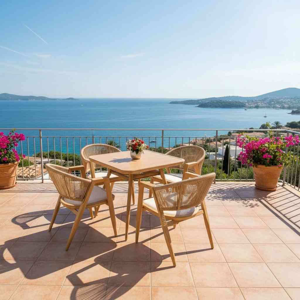 Aluminum alloy outdoor dining set with four chairs and a table, designed for patio or garden outdoor seating.