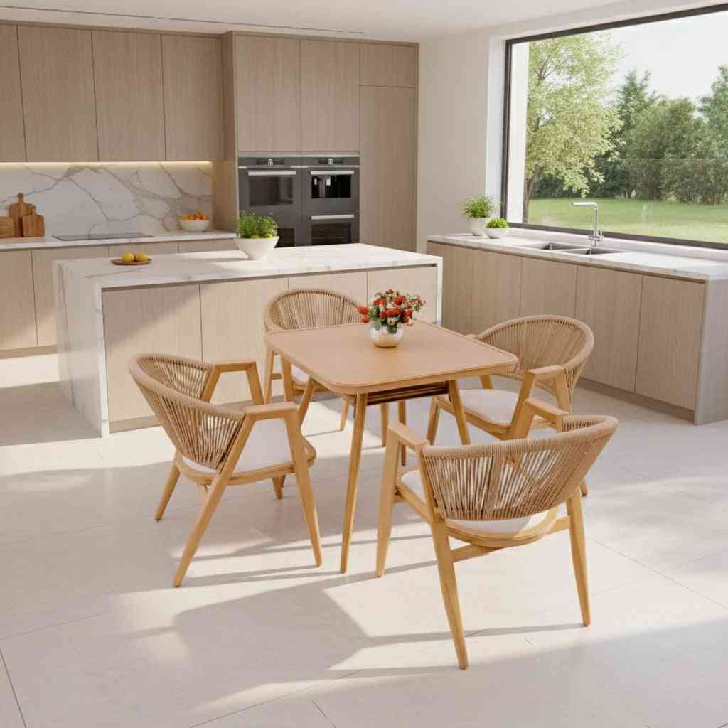 Aluminum alloy 4-seater outdoor dining set with a table and four chairs, featuring sleek modern design for outdoor patio use.