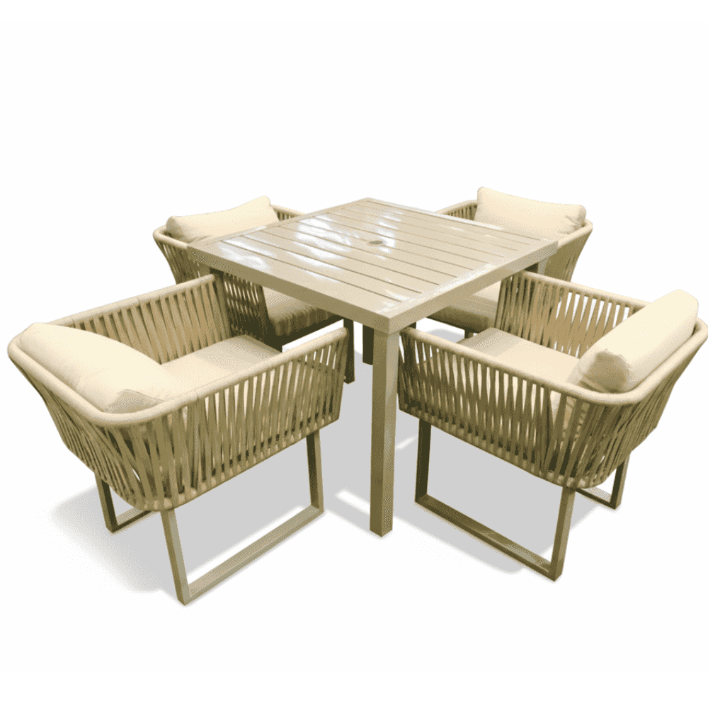 Aluminum beige rope dining set with beige cushions, featuring a modern design by for outdoor dining.