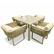 Aluminum beige rope dining set with beige cushions, featuring a modern design by for outdoor dining.