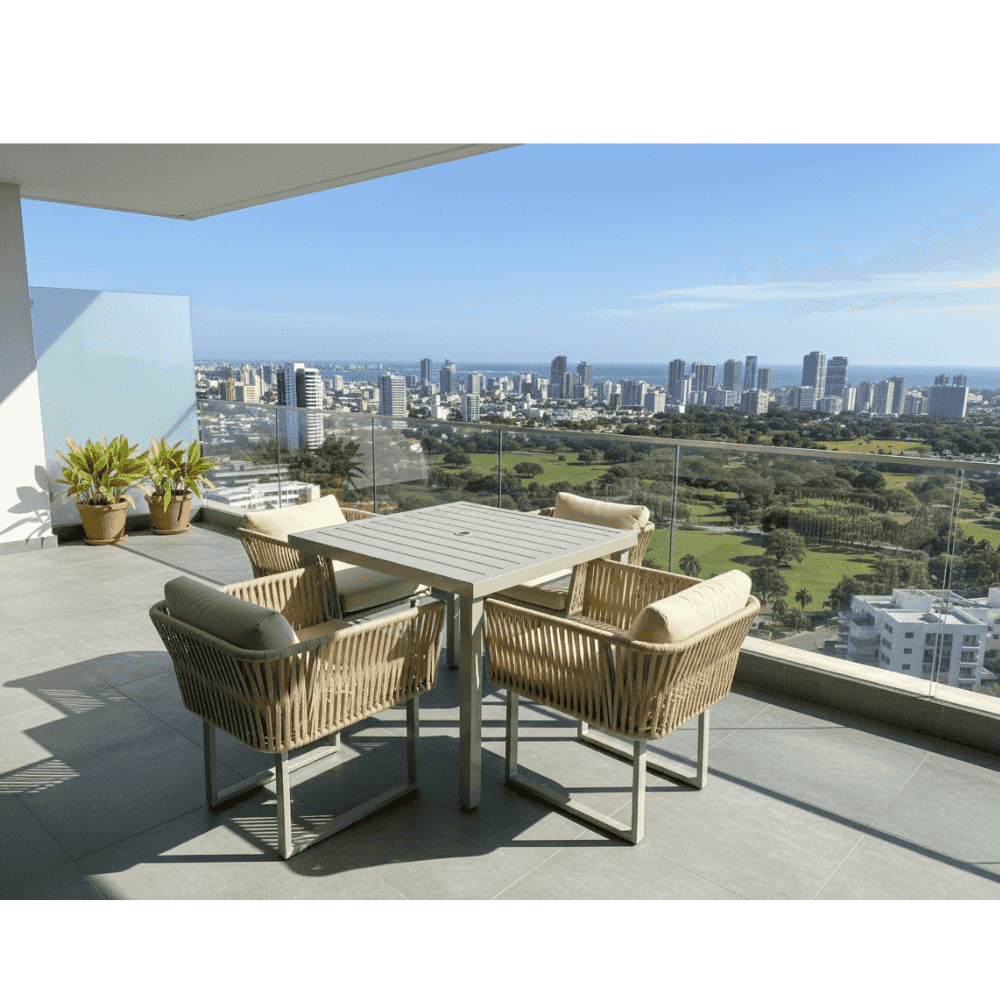 Aluminum beige rope dining set with beige cushions from , showcasing outdoor furniture design and comfort.