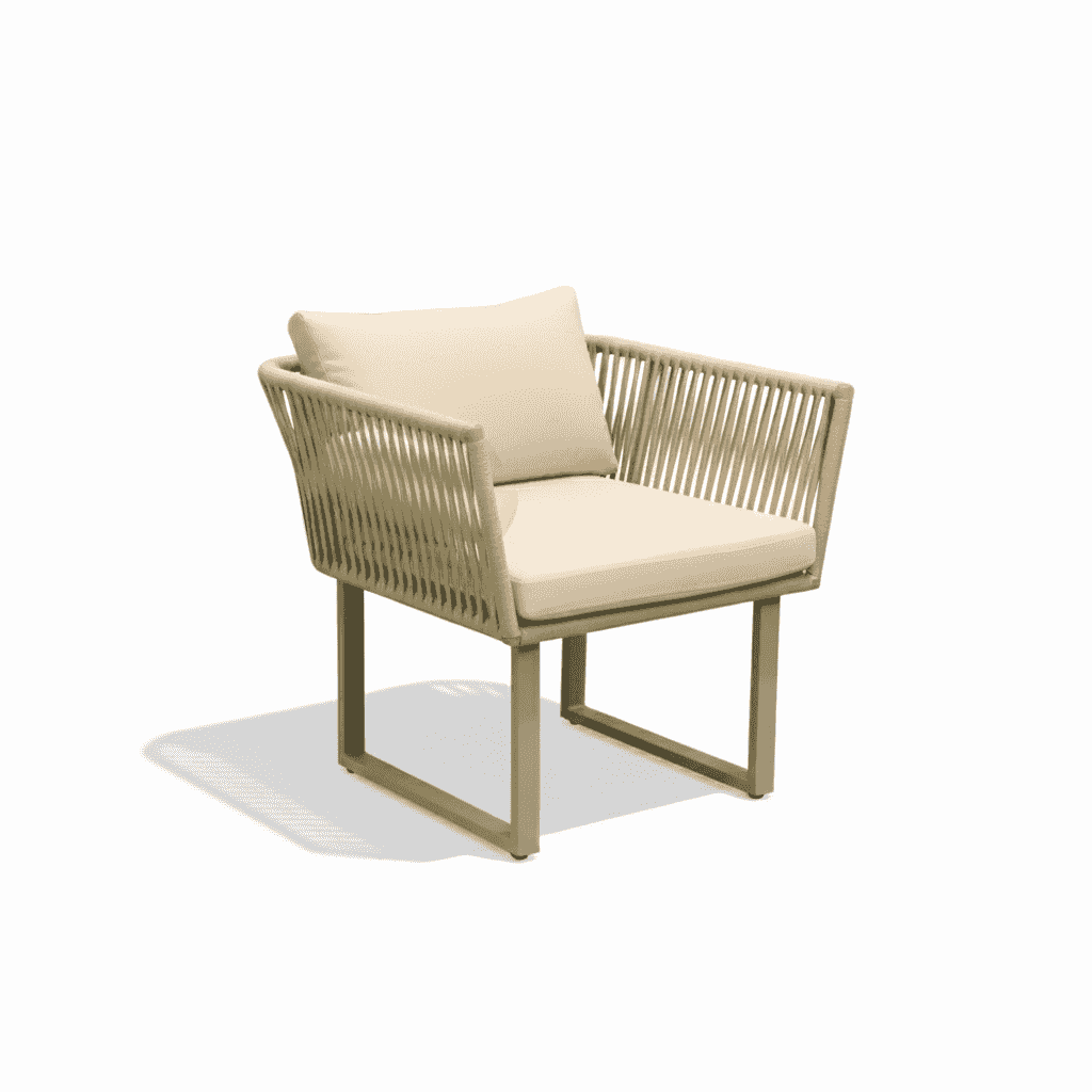 Aluminum beige dining set with beige cushions by , featuring a modern design suitable for outdoor use.