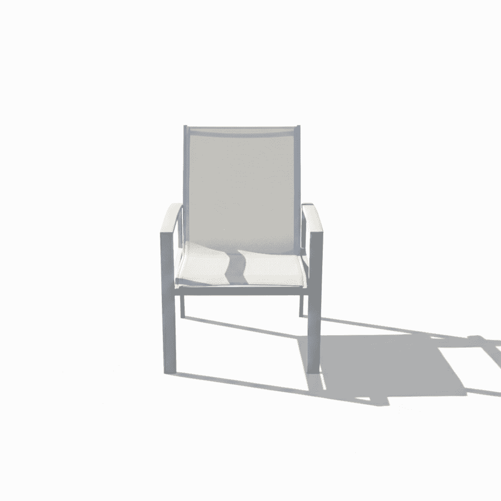 White aluminum frame patio chair with a metal base by , designed for outdoor seating and comfort.