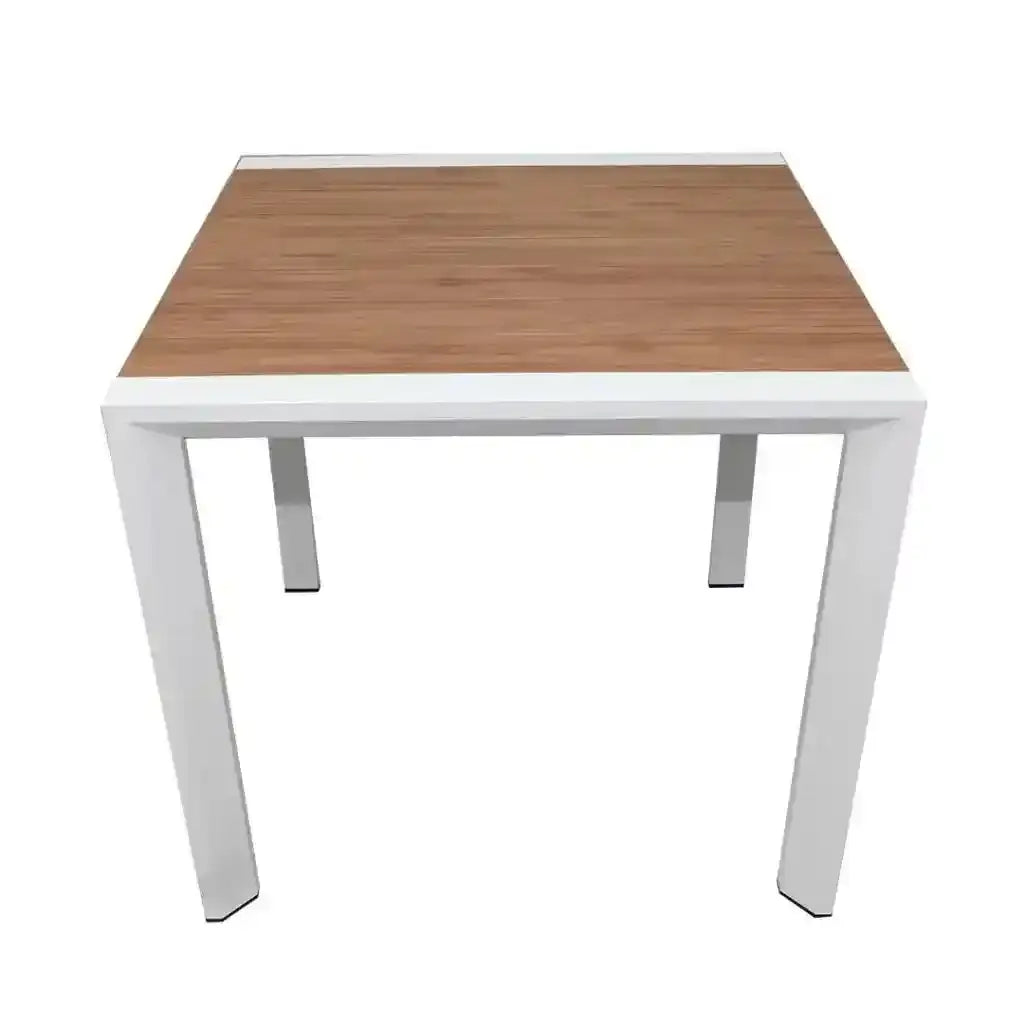 Aluminum frame WPC square outdoor dining table with slatted surface, part of outdoor dining sets by The Outdoor Furniture Market.