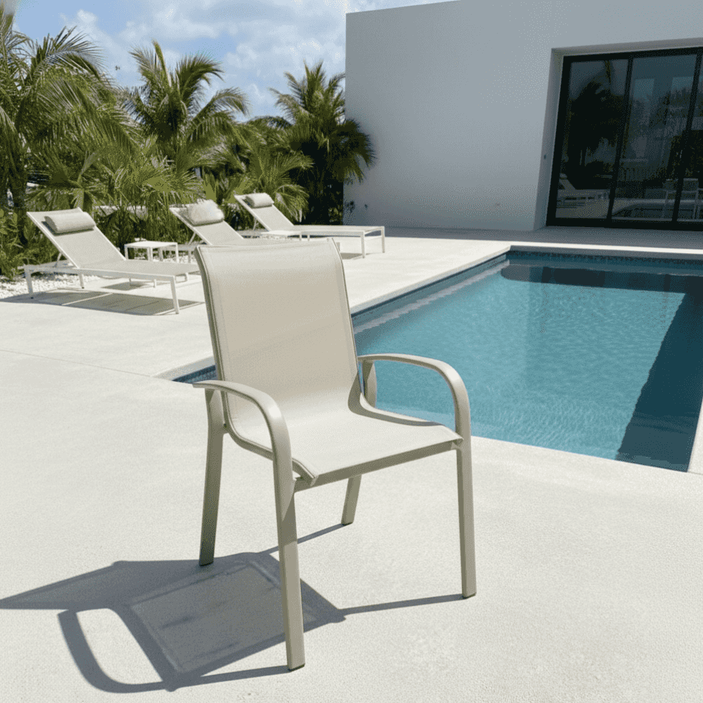 Aluminum outdoor bistro chair by The Outdoor Furniture Market, waterproof and weather-resistant for patio or garden use.