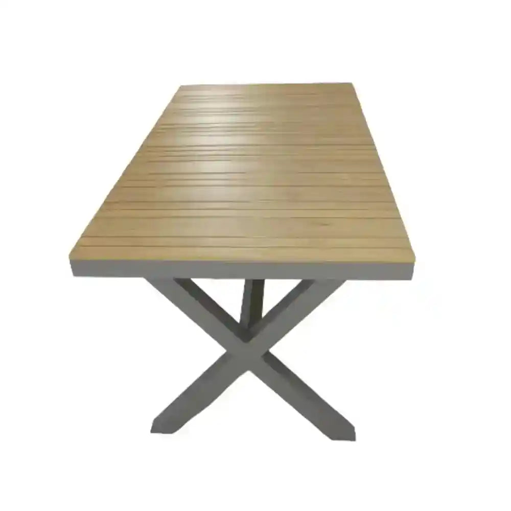 Aluminum outdoor dining table for six with weather-resistant surface, stylish design from The Outdoor Furniture Market.