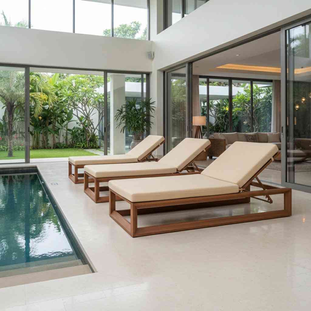 Aluminum waterproof sunbed by The Outdoor Furniture Market, adjustable outdoor lounger with a sleek, modern design for outdoor relaxation.