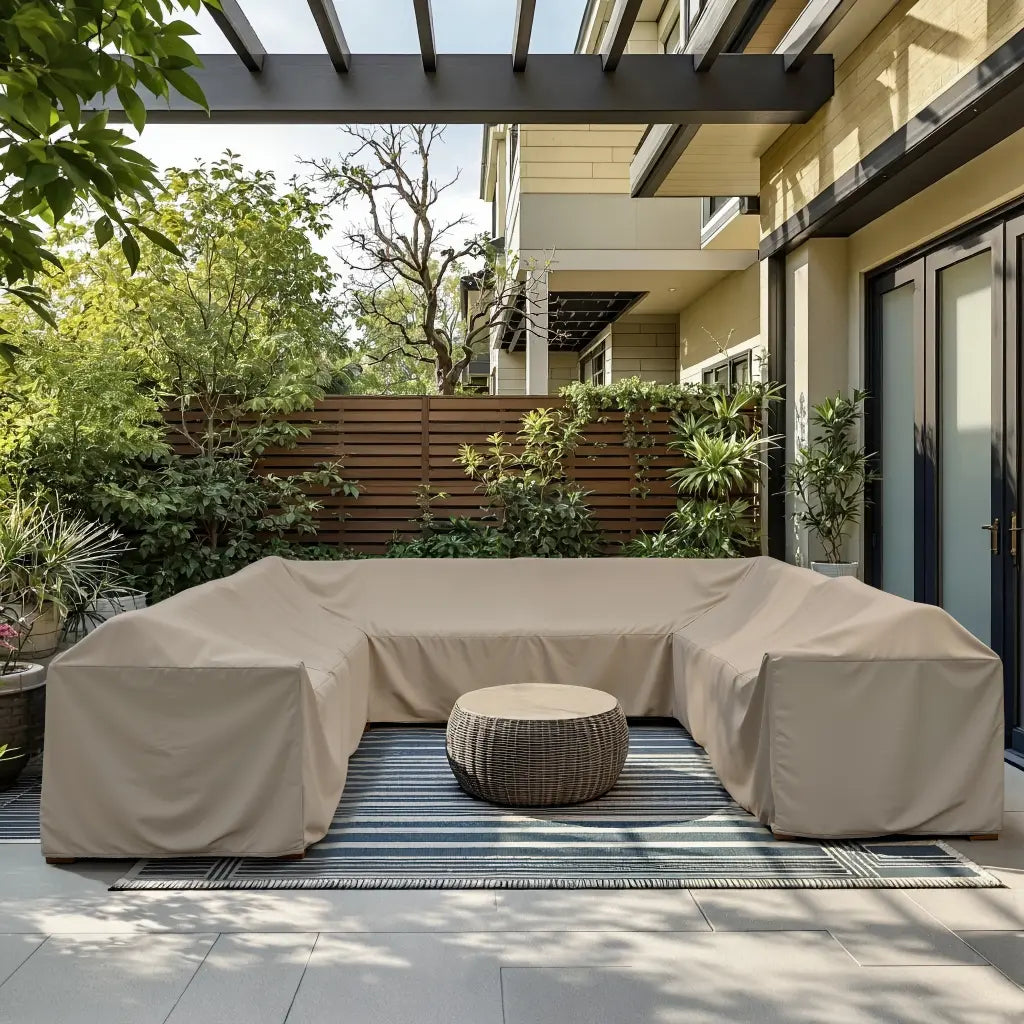 Beige outdoor furniture cover by The Outdoor Furniture Market, waterproof and UV-resistant, fits 3.5m x 3.5m patio furniture.