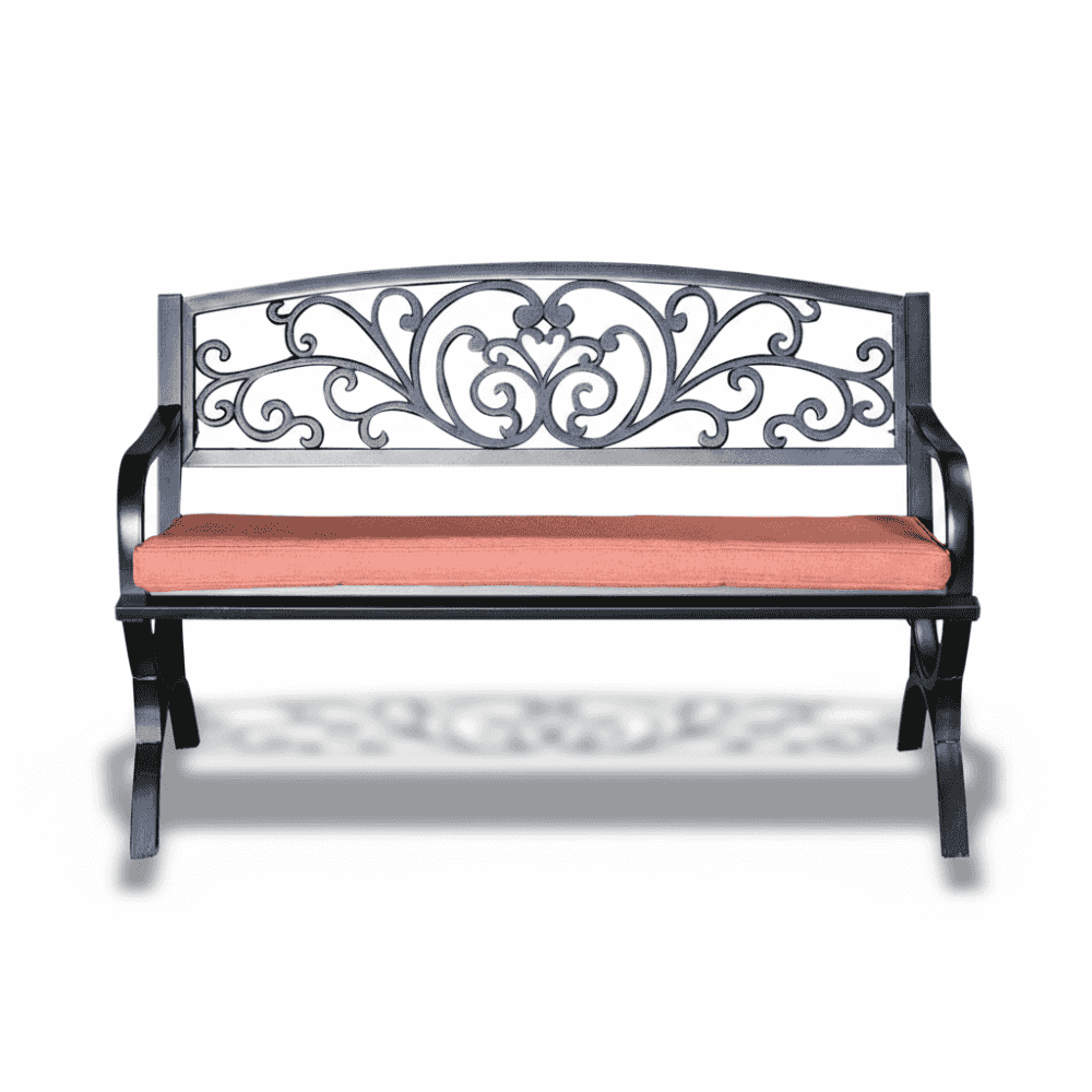 Black steel bench by , featuring a sleek design and sturdy construction, perfect for outdoor seating.