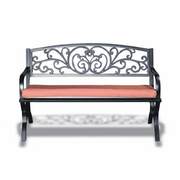 Black steel bench by , featuring a sleek design and sturdy construction, perfect for outdoor seating.