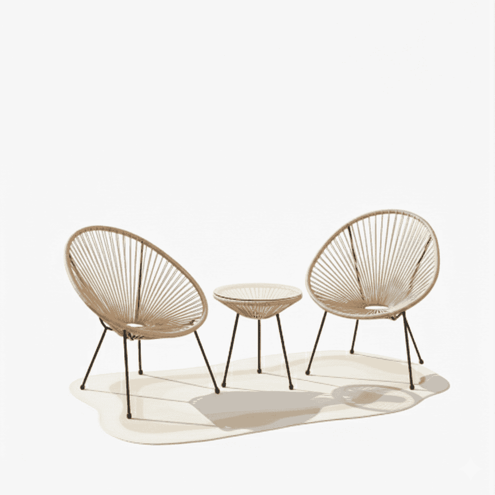 Boho outdoor patio set by The Outdoor Furniture Market featuring a 3-piece lounge collection with glass-topped table and cushioned seats.