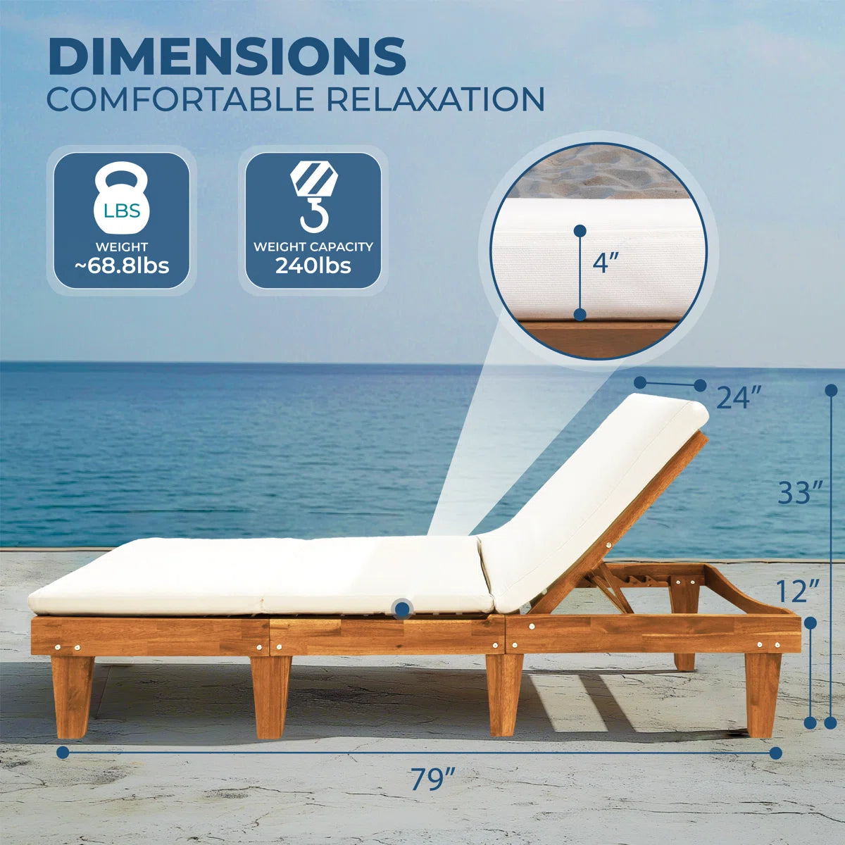 Acacia Wood Sun Lounger with White Cushion | 5-Position Reclining | Single & Duo