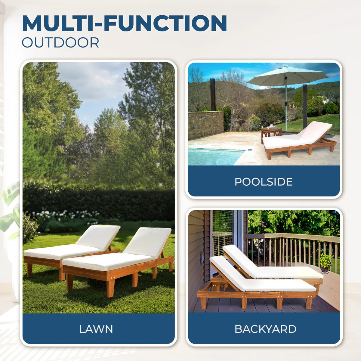 Acacia Wood Sun Lounger with White Cushion | 5-Position Reclining | Single & Duo
