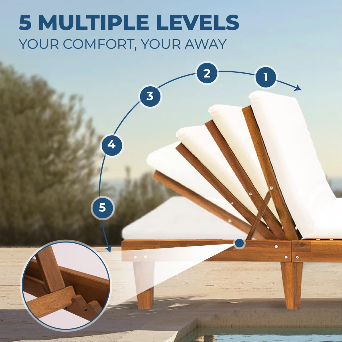 Acacia Wood Sun Lounger with White Cushion | 5-Position Reclining | Single & Duo