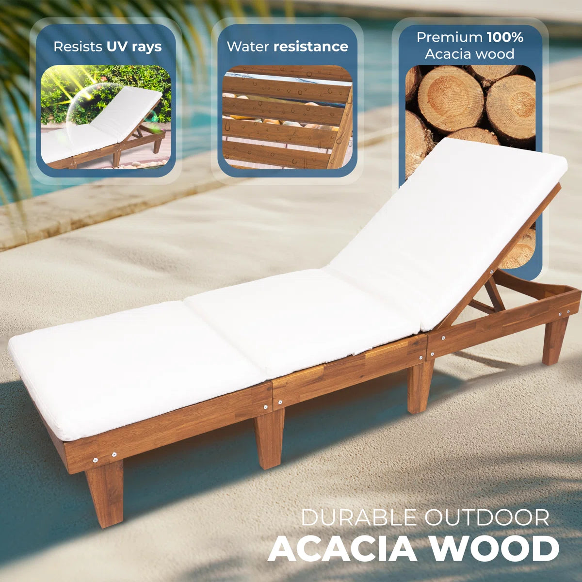 Acacia Wood Sun Lounger with White Cushion | 5-Position Reclining | Single & Duo
