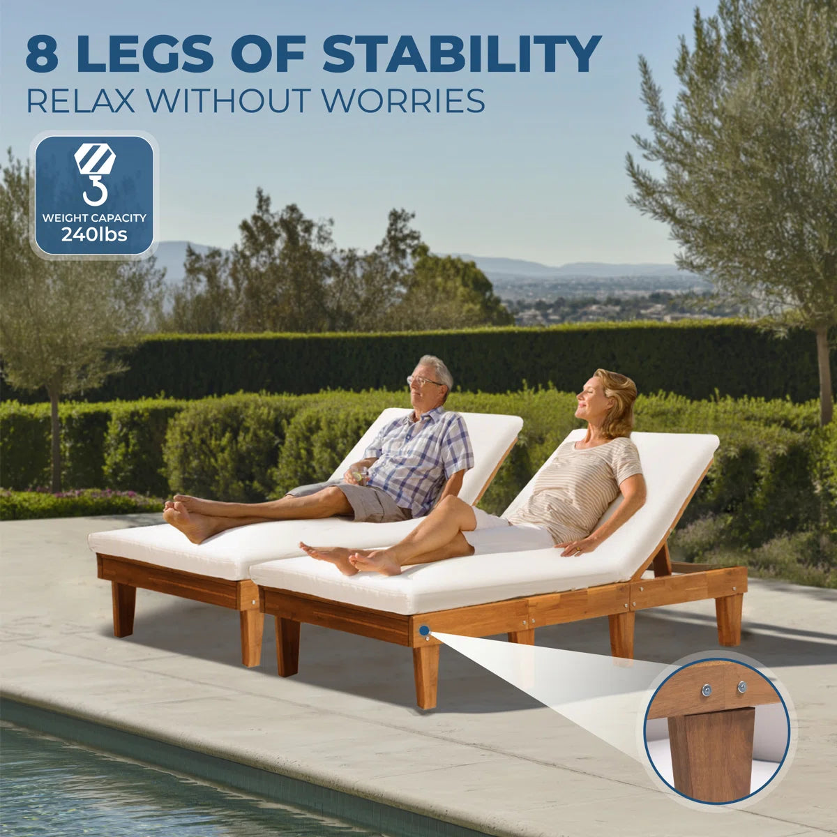 Acacia Wood Sun Lounger with White Cushion | 5-Position Reclining | Single & Duo
