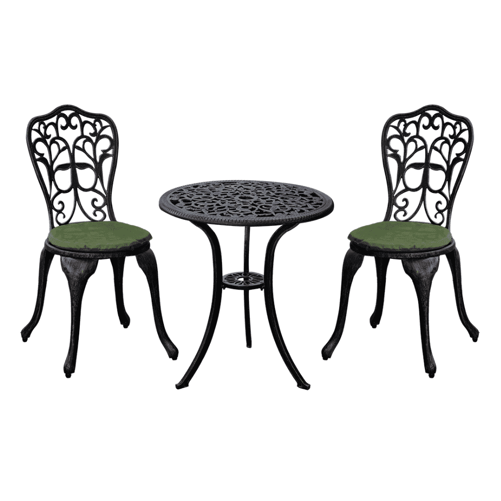 Cast aluminum brown balcony set by , featuring a table and two matching chairs in an outdoor setting.