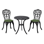 Cast aluminum brown balcony set by , featuring a table and two matching chairs in an outdoor setting.