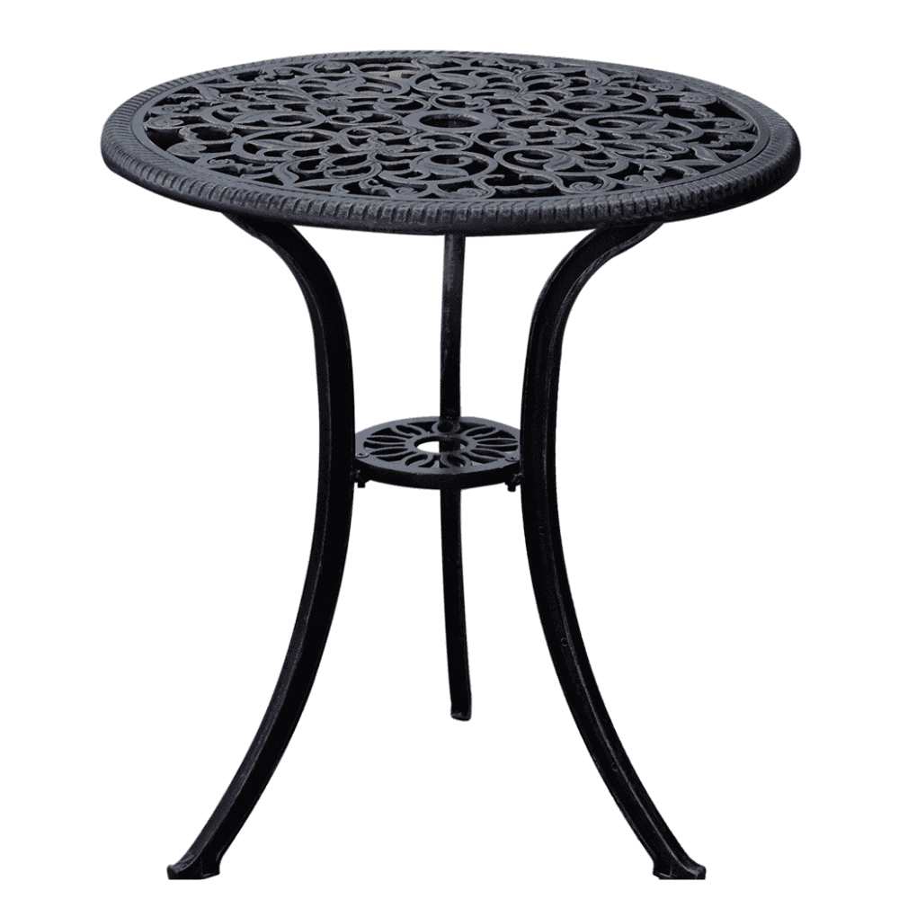 Cast aluminum brown balcony set by , featuring two chairs and a table in an outdoor setting.