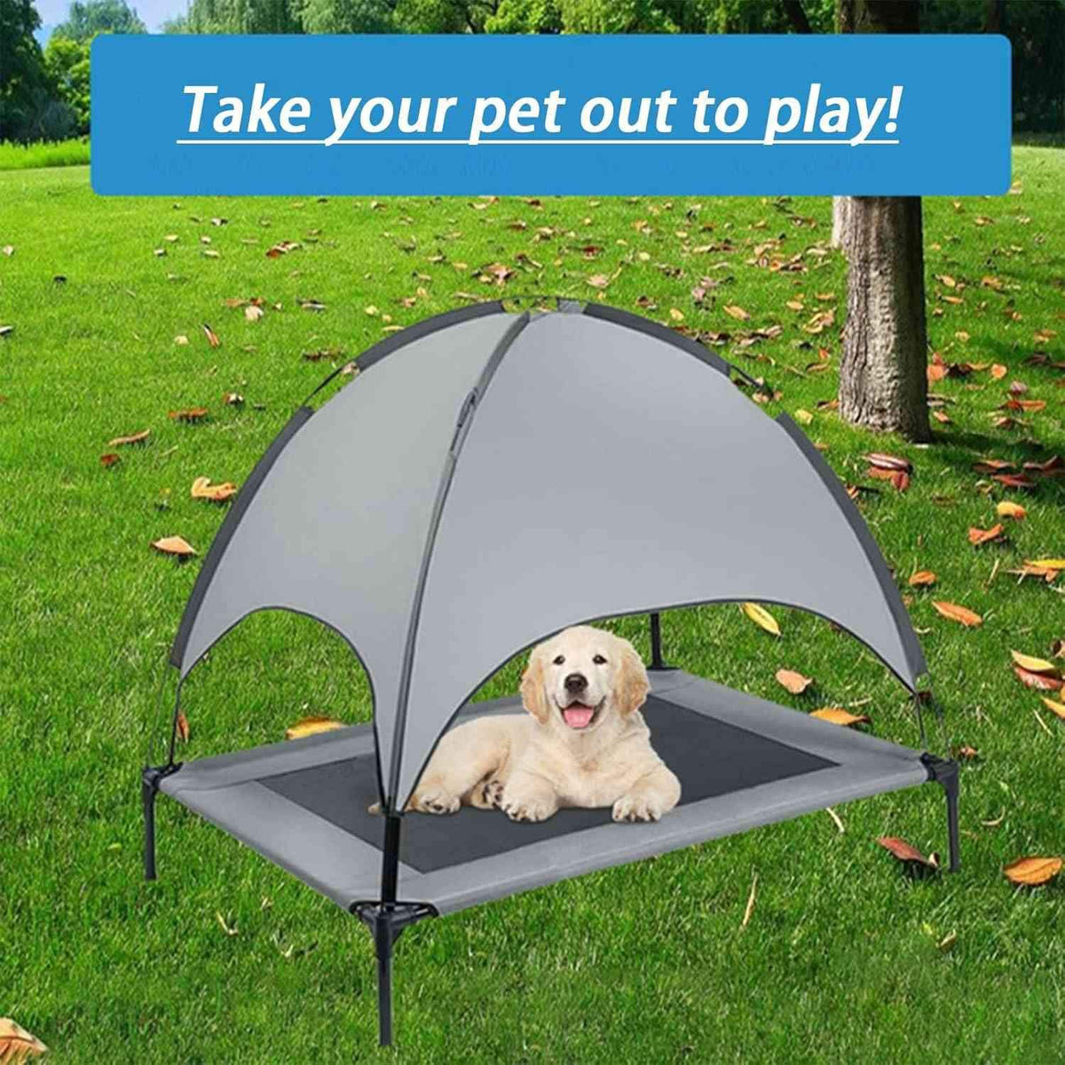 SELFIE Cat Cooling Pet Tent for Dogs & Cats - UPF50+ Sun Protection w/Bug-Proof Net Thickened Oxford | Elevated Portable Design cooling dog bed - Gray