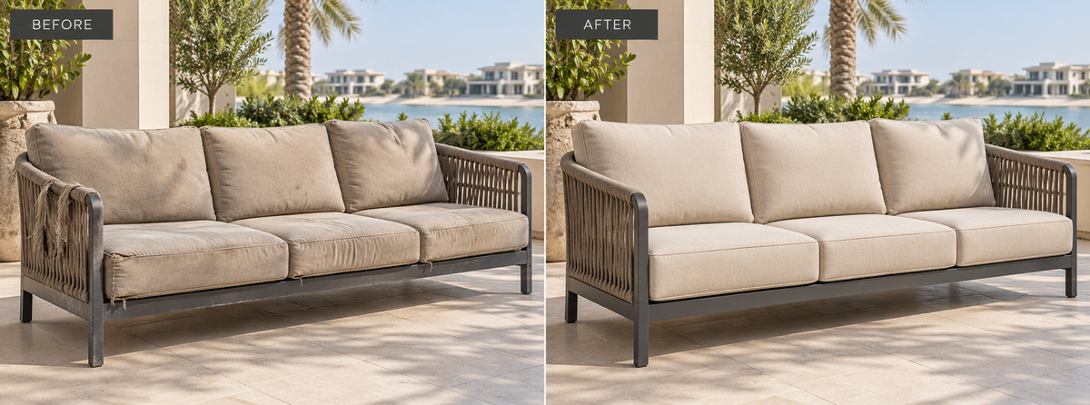 Outdoor furniture repair and renewal service by The Outdoor Furniture Market, featuring sofas, umbrellas, dining sets, and pergolas in UAE.
