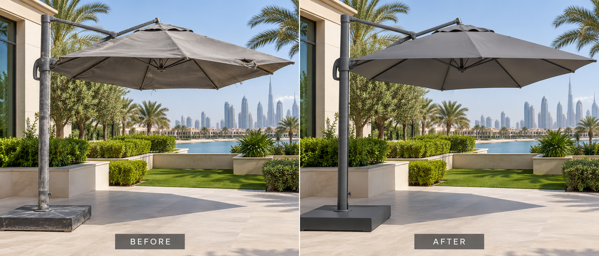 Outdoor furniture repair and renewal by The Outdoor Furniture Market for sofas, umbrellas, dining sets, and pergolas in the UAE.