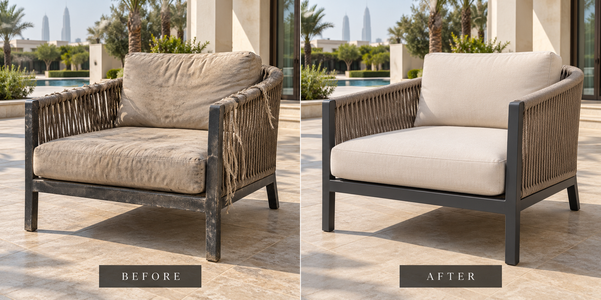 Outdoor furniture repair and renewal service by The Outdoor Furniture Market for sofas, umbrellas, dining sets, and pergolas in the UAE.