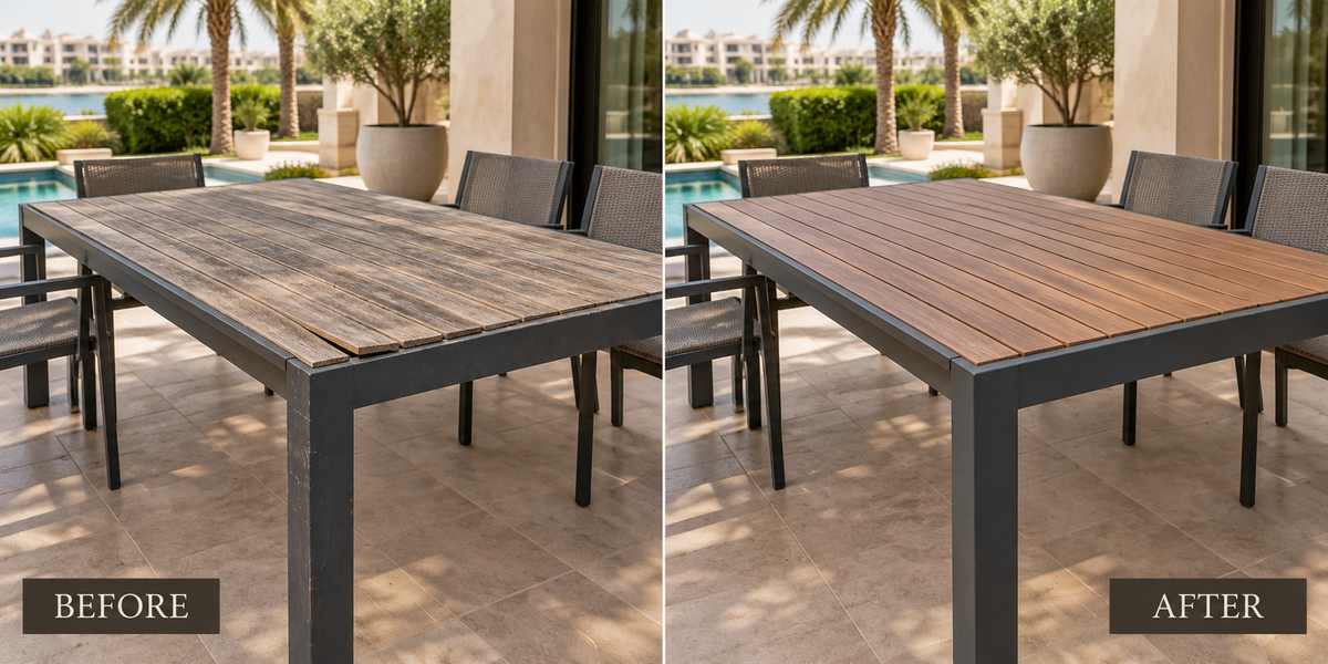 Outdoor furniture repair and renewal service by The Outdoor Furniture Market, including sofa, umbrella, dining set, and pergola in UAE